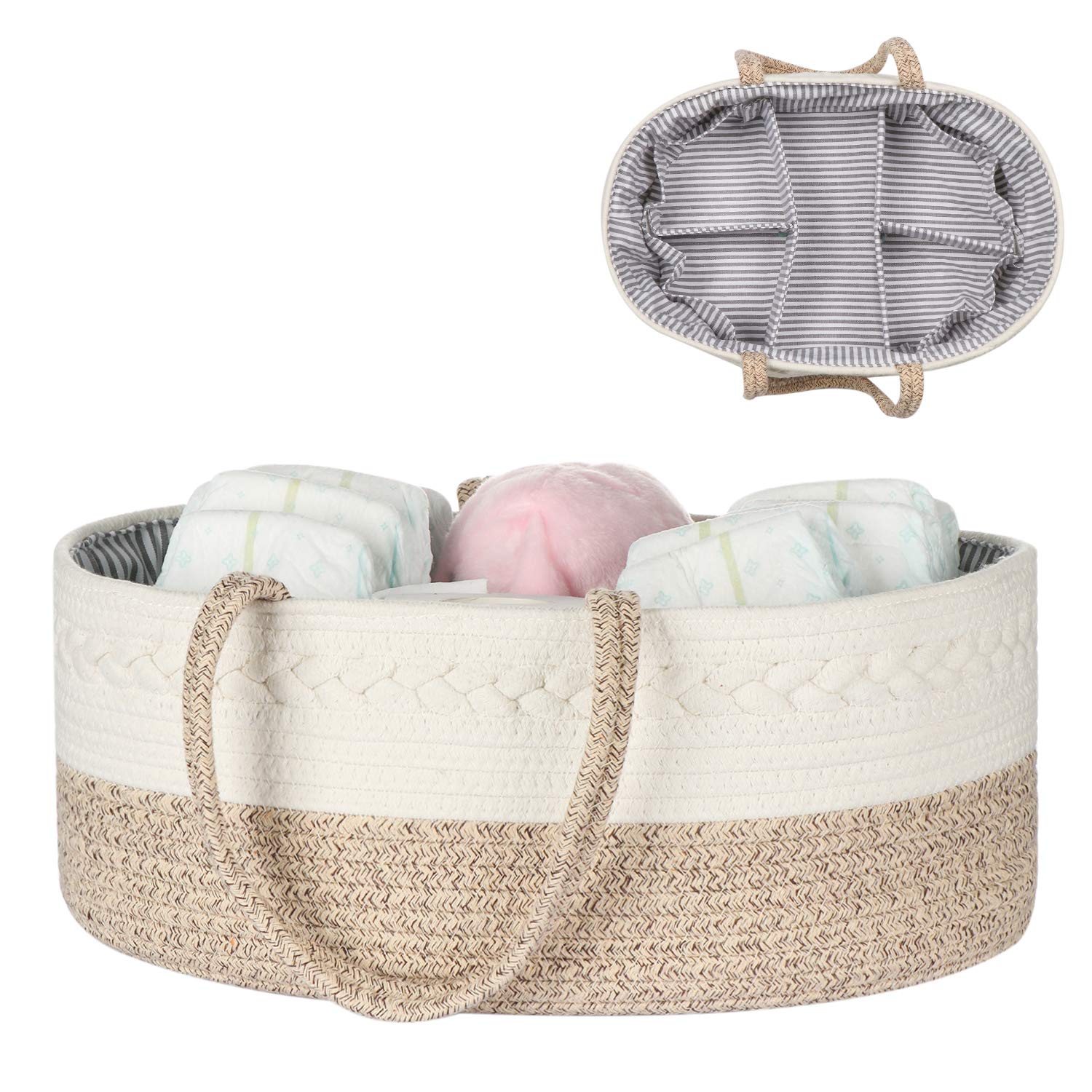 maxgoods Baby Diaper Caddy Organizer -100% Cotton Baby Basket Bin with Removable Divider -Portable Tote Bag Storage Basket for Boy & Girl Nursery Organization (White & Yellow Variegated)