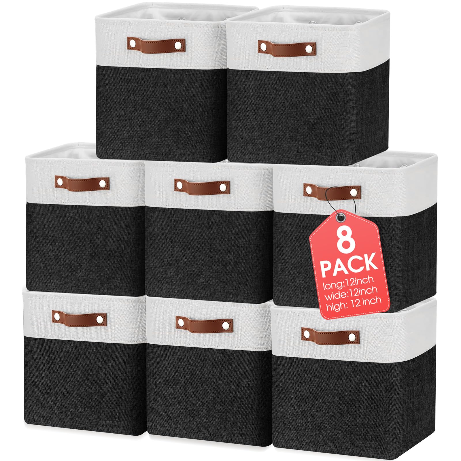 Uiifan 8 Pack Fabric Storage Basket Storage Foldable Bin with Handles Linen Storage Containers Organization cubes for Shelves Closet Organizer Baskets for Toy Nursery(12 x 12 x 12 InchBlack)